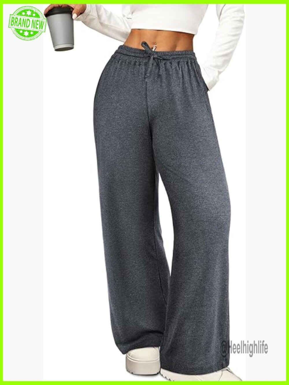 Wide Leg Lounge Pants with Pockets Ribbed Knit Drawstring Comfy Casual